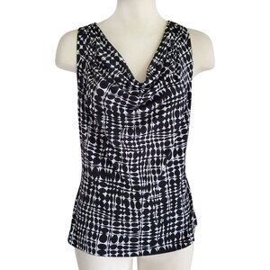 Calvin Klein Mod Print BW Drape Neck Sleeveless Blouse Great for Under Suit